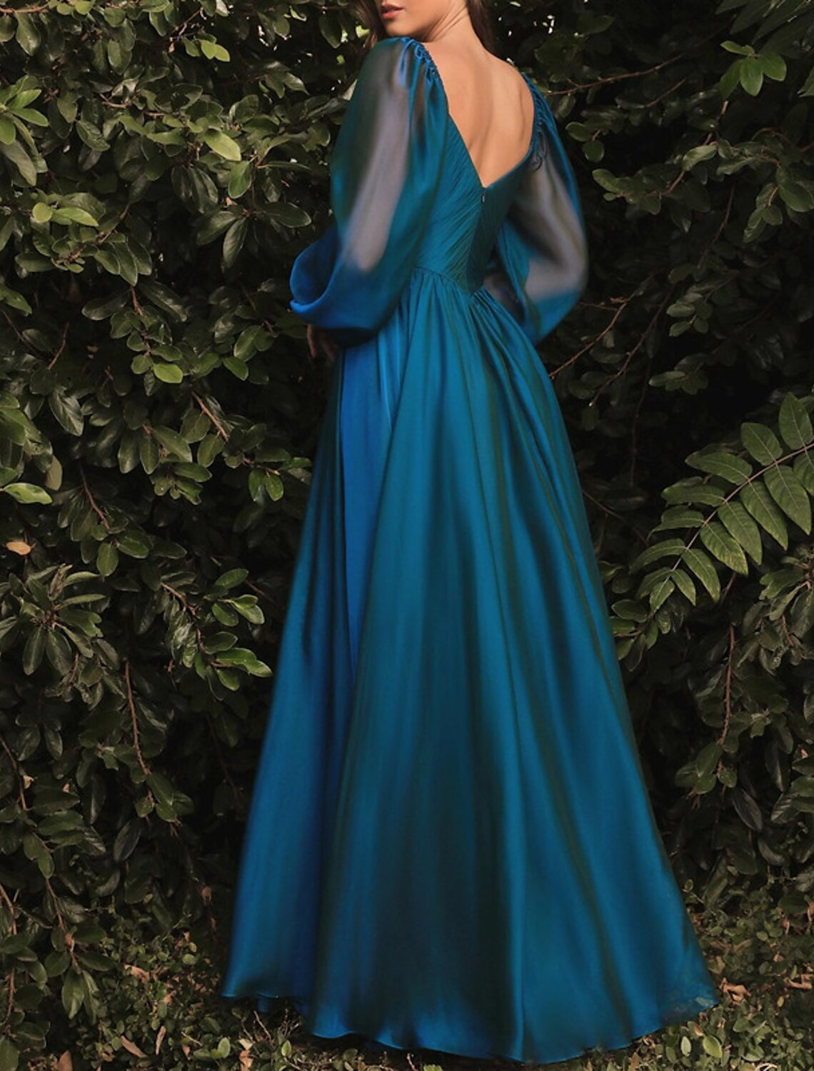 A-Line Evening Gown Open Back Dress Formal Wedding Guest Floor Length Long Sleeve Square Neck Organza with Pleats Pure Color